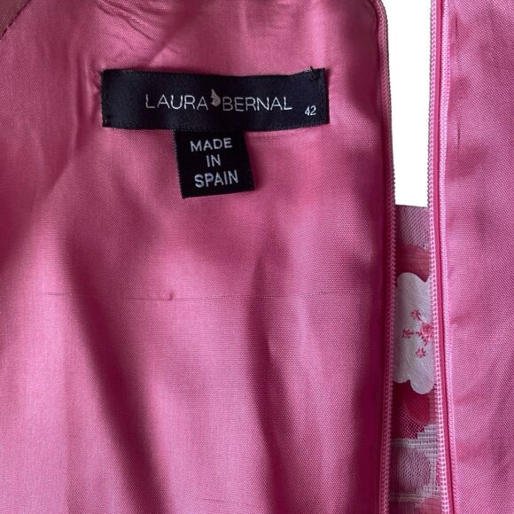 Vtg Thick Poly Mod Floral Pink Shift Dress Poka Dot Pockets Lined Boat Collar 3D - Picture 13 of 16